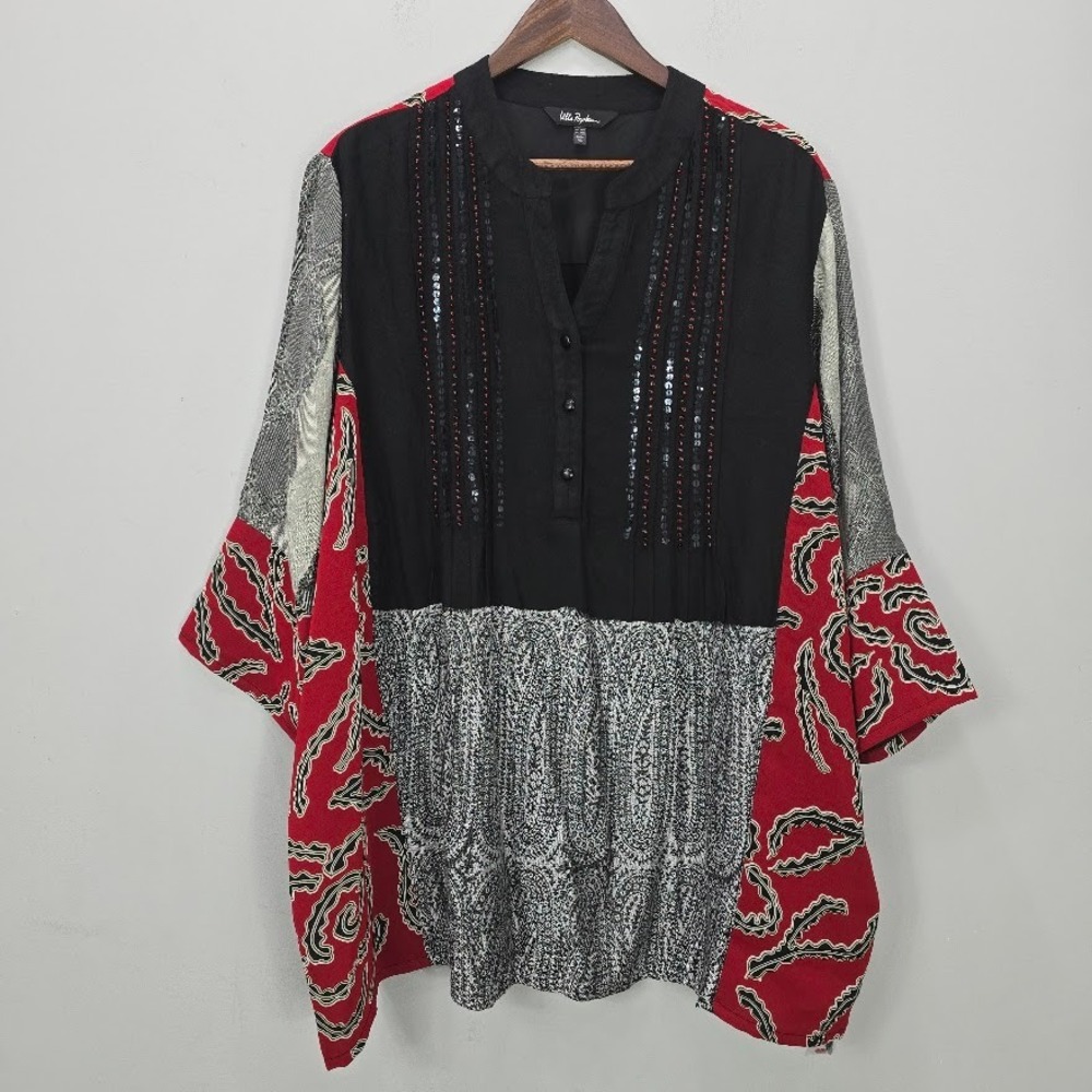 Ulla Popken Tunic Top Blouse 24/26 3/4 Sleeves‎ Patchwork Print Embellished